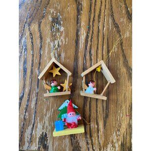 Vintage Wooden Christmas Ornaments Set Of 3 With Angel Figures & Santa On Base
